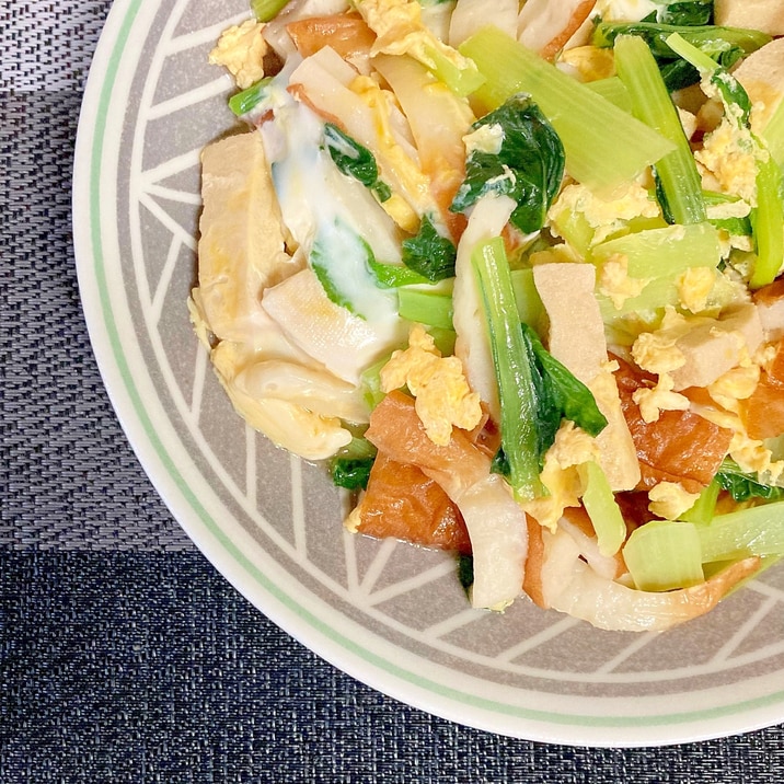 麺つゆで簡単 小松菜と高野豆腐とちくわの卵とじ